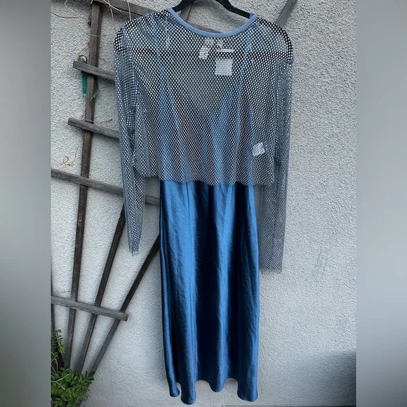 DOLAN LEFT COAST Long Sleeve Mesh Mockable Midi Slip Dress In Blue New with Tags - Picture 3 of 12